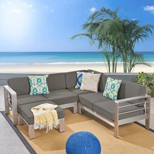 Emily Coral Outdoor Aluminum 5-Seater V-Shape Sectional Sofa Set with Ottoman, S