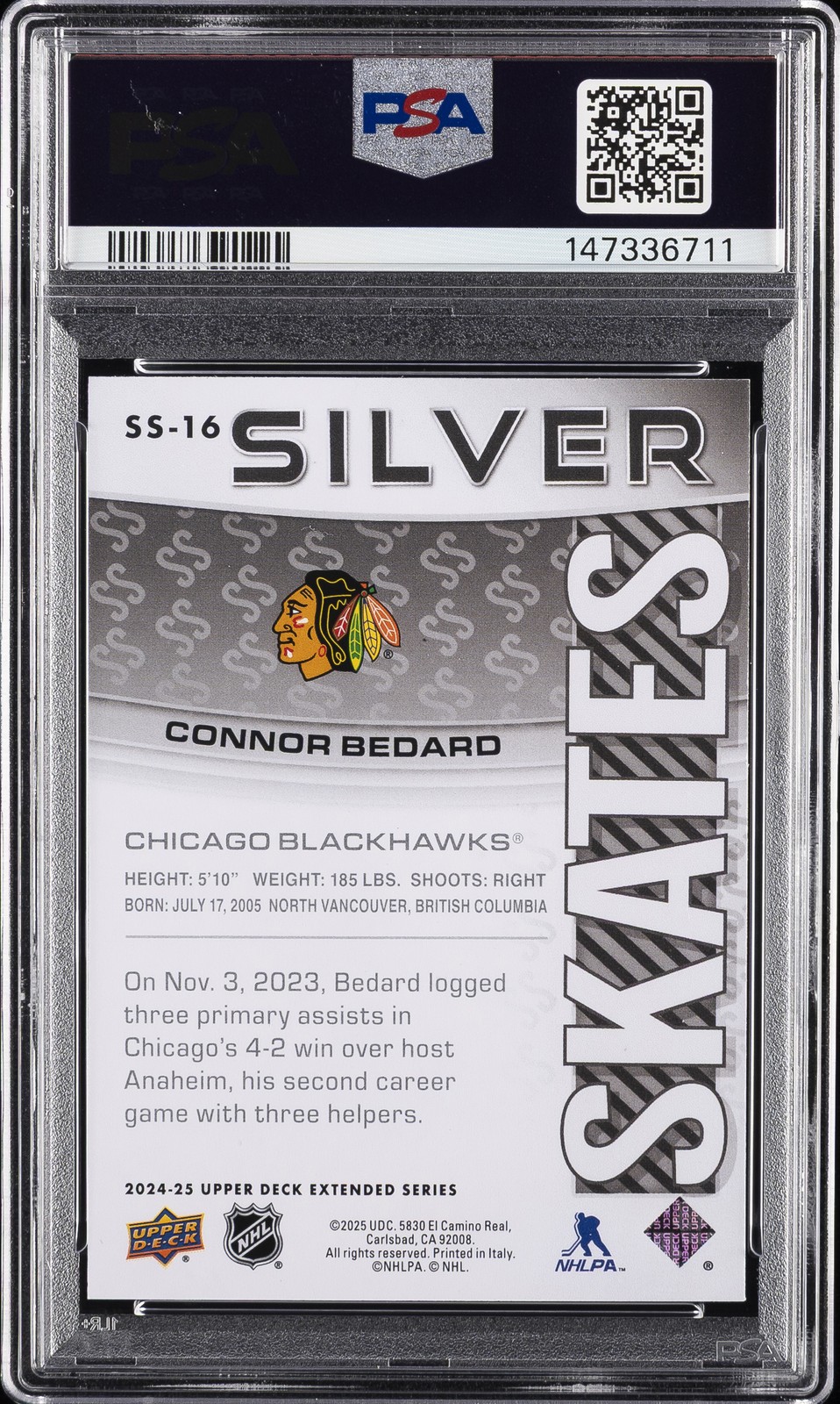 2024 UPPER DECK EXTENDED SERIES SILVER SKATES #SS16 CONNOR BEDARD PSA 10 view 2