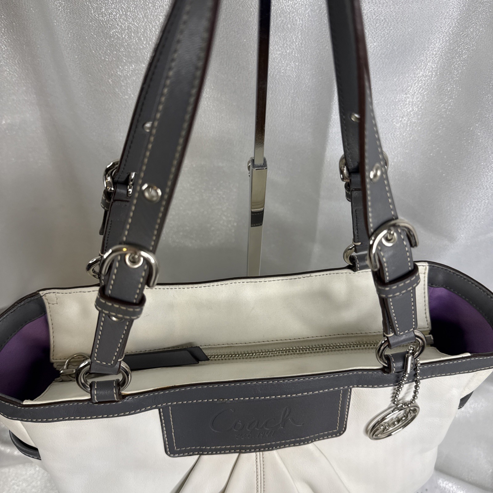 Coach East West Gallery Leather White & Grey Pleated Tote Handbag Purse