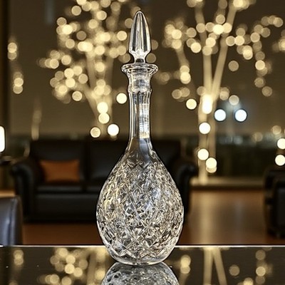 Ornate Faceted Crystal Decanter Molded Glass Barware Long Neck