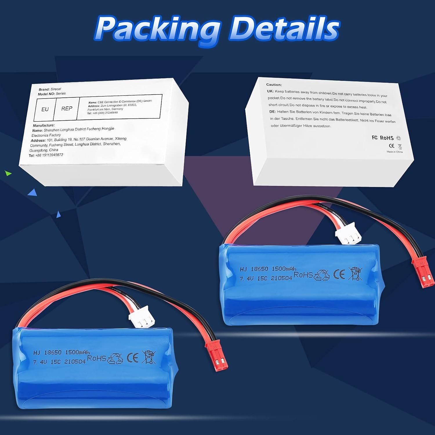 2x 7.4V 1500mAh Li-ion Battery JST Plug for MJX T10 FT007 RC Car Boat Helicopter