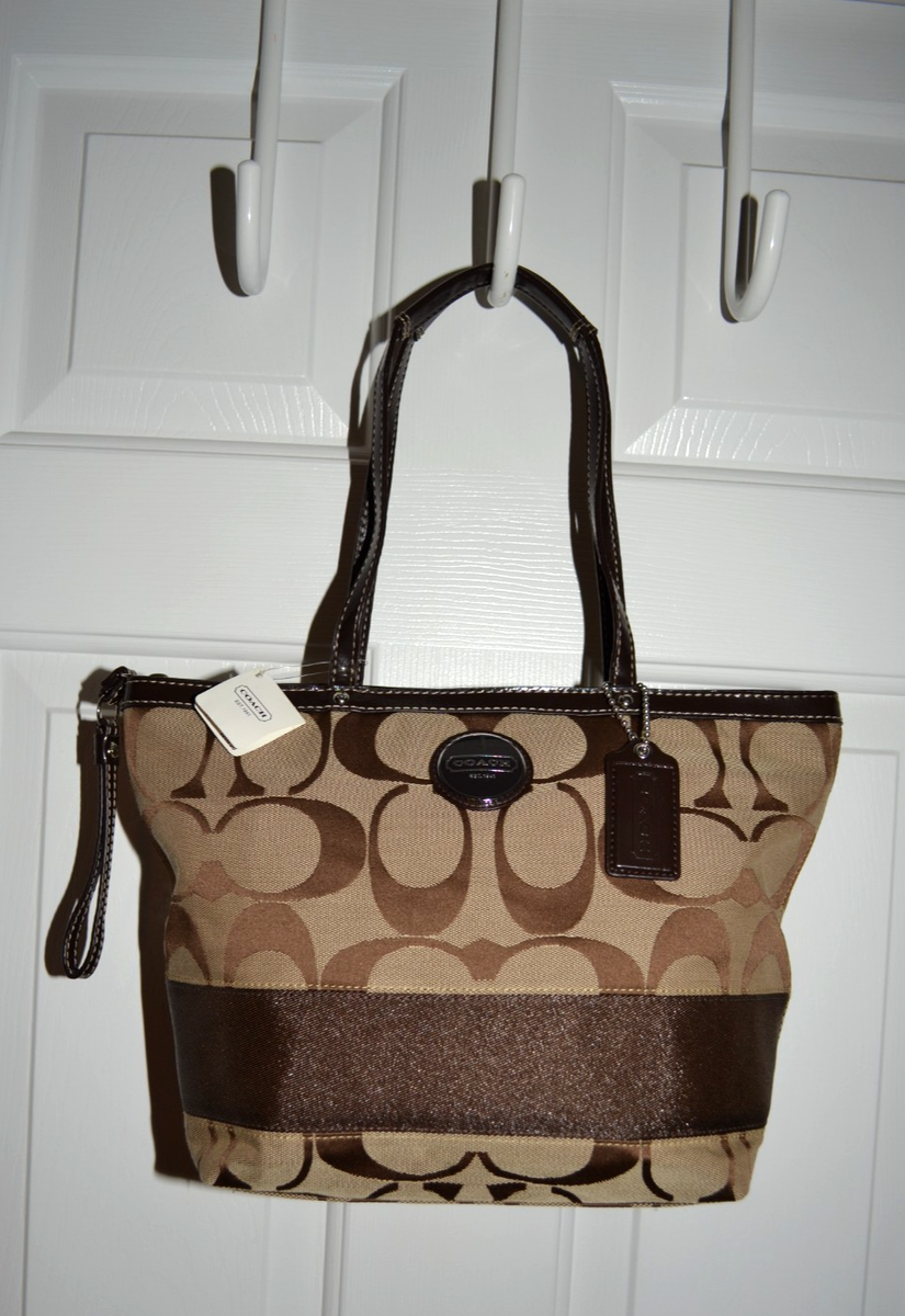 Coach NEW Signature Jacquard Monogram Stripe Khaki Mahogany tote