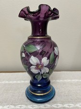 Fenton Mulberry Art Glass Vase 1996 Hand Painted Floral Signed Commemorative