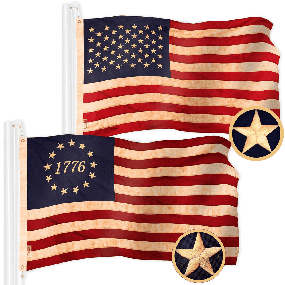 Combo Pack: American USA TeaStained Flag 2x3 Ft & 1776 TeaStained Flag 2x3