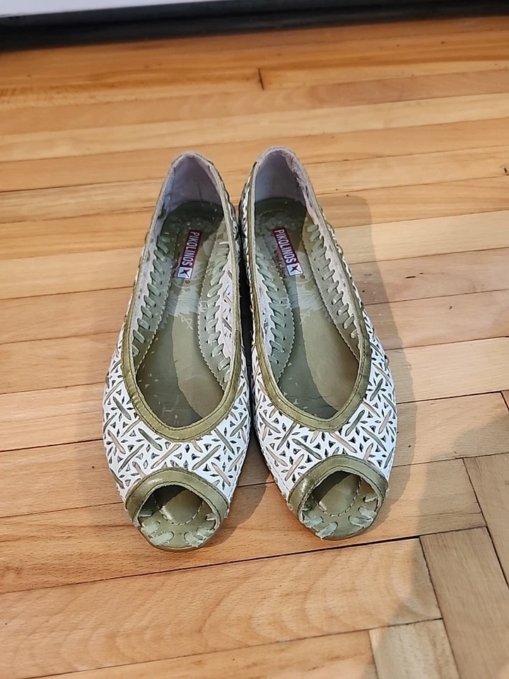 Women Pikolinos Ballet Mary Jane Sandals Gold Green Peep Toe Leather 6 Flats - Image 2 of 4