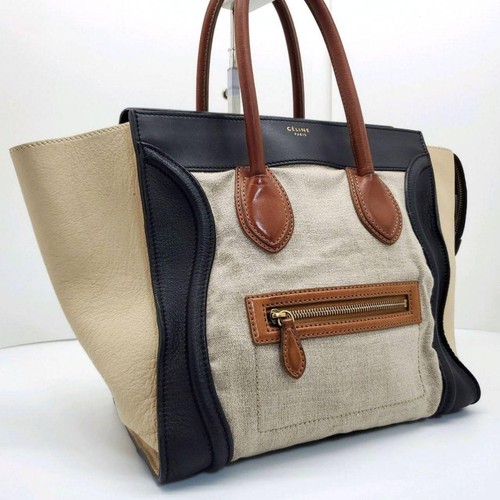 Celine Micro Luggage Handbag Beige Black Leather Used From Japan