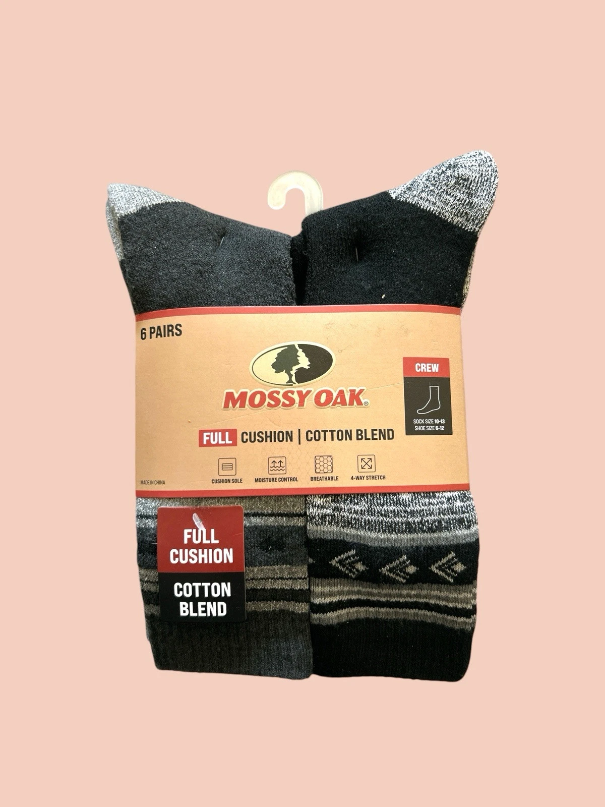 Mossy Oak 6 Pair Cushion Cotton Blend Crew Socks~Full Cushion~ Moisture Control