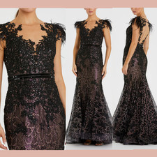 NWD MAC DUGGAL [ 16 ] 79230  Feather Cap Sleeve Illusion Neck Trumpet Gown S1603