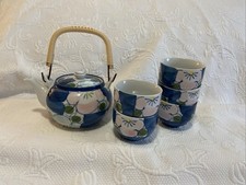 6-pc Japanese Porcelain Tea Set Cobalt Blue with Pink  Blue Flowers Beautiful