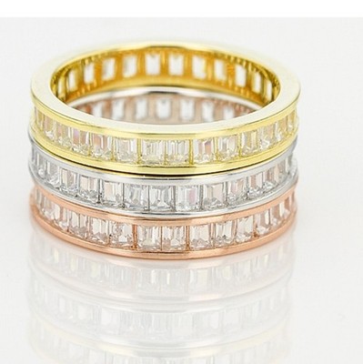 White Cubic Zirconia 18k Rose & Yellow Gold Over & Rhodium Over Silver Bands