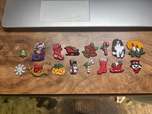 16 Christmas PATCH Lot Sew On Vtg 80s 90s Applique 1” Frosty Tree Stocking Cute