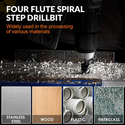 Four Spiral Flute Step Drill Bit Set, 3 Pcs HSS Step Drill Bits (1/8''-7/8'') U...