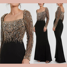 NWT MAC DUGGAL [ 2 ] 2256 Beaded Square Neck Long Sleeve Jersey Gown Black S1989