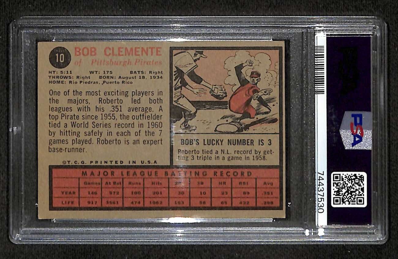 1962 Topps #10 Roberto Clemente HOF  PSA 4 VGEX C105001 view 2