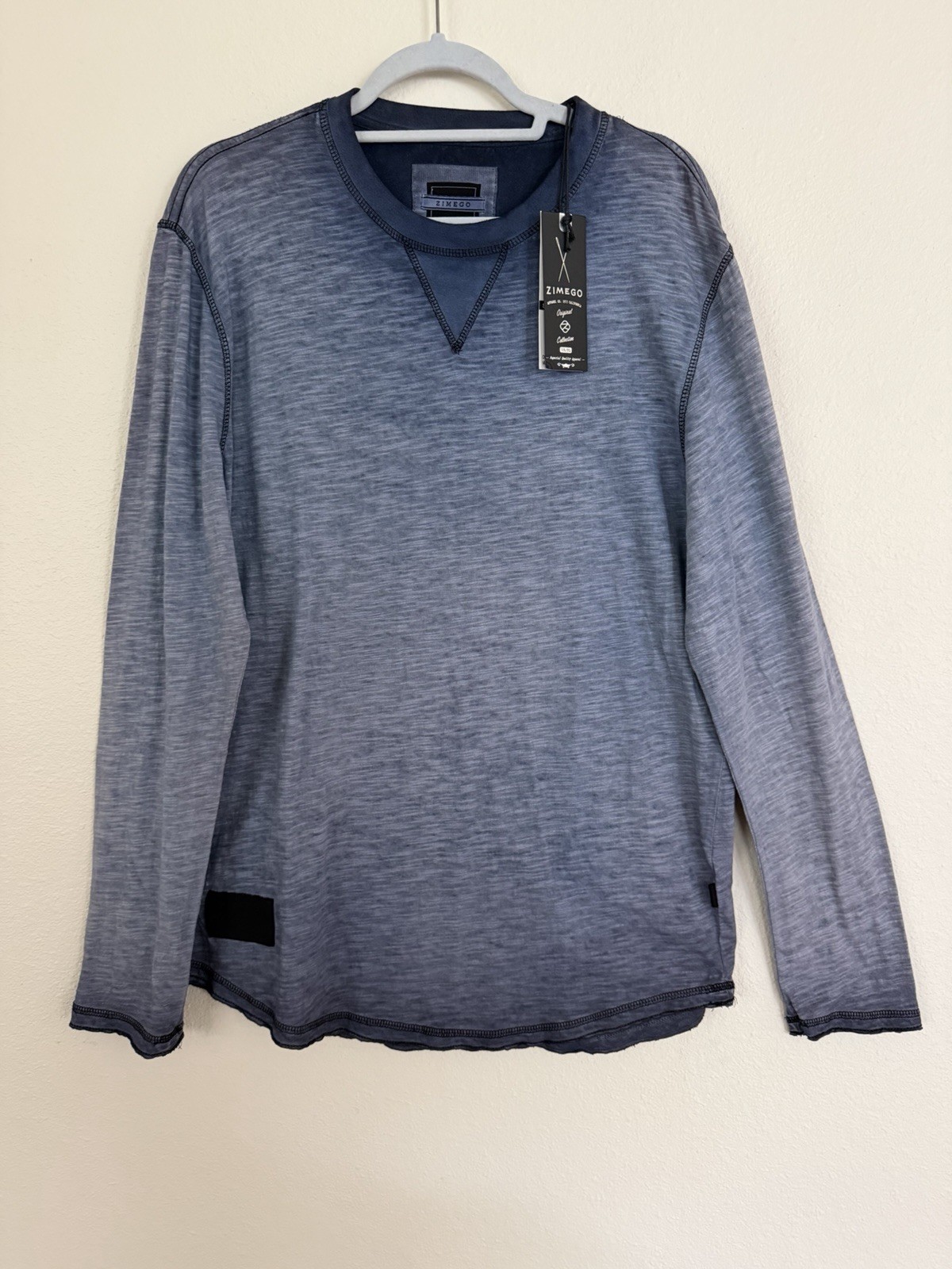 ZIMEGO T-Shirt Mens L Slate Blue DSFLS57P Long Sleeve Slub Knit Crew Neck New