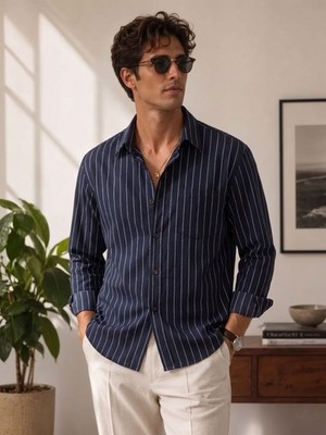 ZARA Slim Fit Dress Shirt for Men - Black Silver Stripe Size L