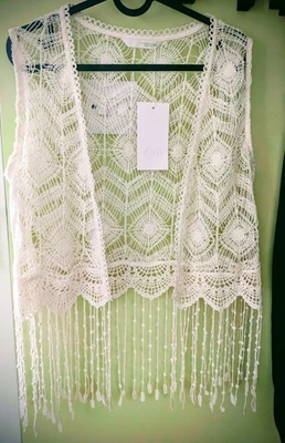 Zara Fringe Crochet Waistcoat Ecru/ Beige Boho Festival Style. Size M/L . BNWTS - Image 1 of 4