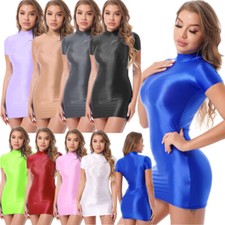 Women's Glossy Stretch Pencil Mini Dresses Bodycon Tight Night Club Partydress