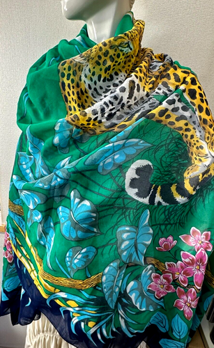 Hermes JUNGLE LOVE Leopard Print 170 x 140 Large Cotton Pareo Stole Shawl #m4714