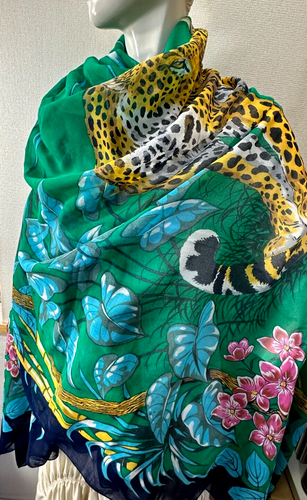 Hermes JUNGLE LOVE Leopard Print 170 x 140 Large Cotton Pareo Stole Shawl #m4714 - Picture 1 of 13