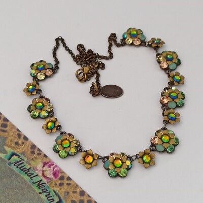 Michal Negrin Necklace Colorful Flowers Green Pastel Blue Shades