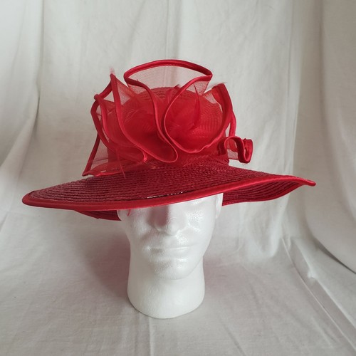 Red Straw and Satin Hat Large Brim 