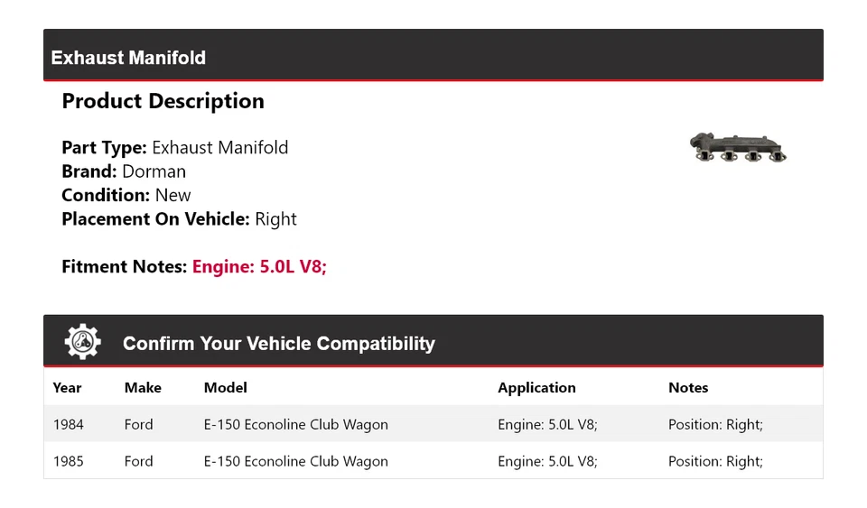 Colector de escape Dorman V8 5,0 L para Ford E-150 Econoline Club Wagon 1984-1985 Foto 2 de 4