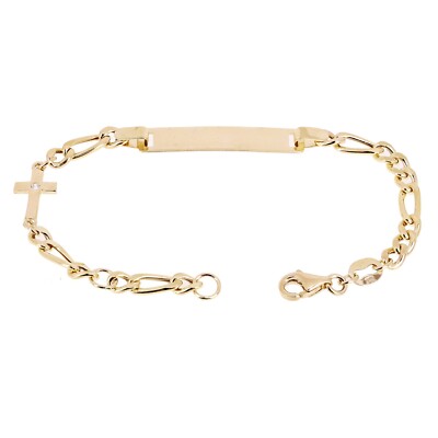 Italian 14k Yellow Gold Kids Engravable Cross ID Figaro Bracelet 7