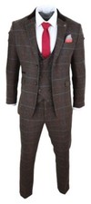 Men's Suit Dark Brown Plaid Herringbone Tweed Check Vintage Groom Tuxedo Wedding