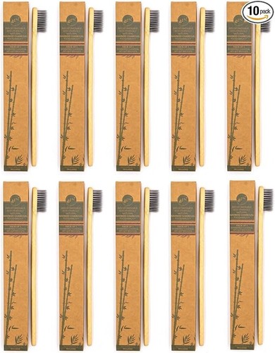 Bamboo Toothbrushes ( Pack of 10). Toothpaste included. Soft Charcoal Bristle - Picture 1 of 12