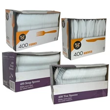 Disposable White Plastic Forks Spoons Knives Medium weight 400Pcs Cutlery Packs
