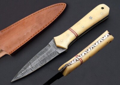 Double-Edged V42 Military Damascus steel Dagger boot Knife camel bone handle