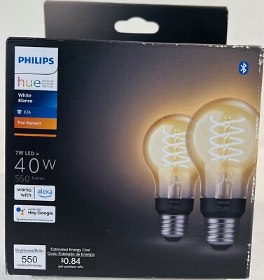 Phillips Hue 571075 Smart 40W Equivalent A19 Filament LED Bulb -2 Pack-FREE S/H