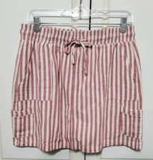 Royalty For Me Linen Striped Tie Front pocket Cargo Pink Red Skort Medium EE-15