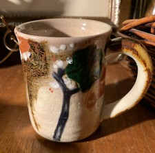 Hand Thrown Studio Pottery Mug~Rich Abstract Autumn Leaves + Gilt Glaze~4 in~