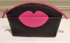 iLi New York Black & Pink Genuine Leather,Applique Lips,Cosmetic / Accessory Bag