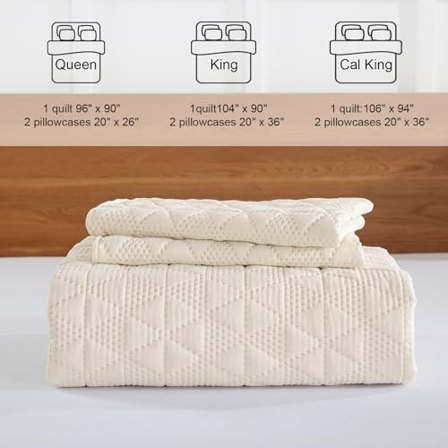 Beige California King Quilt Set with Pillow Shams, Oversized Tan Cream - Picture 5 of 7