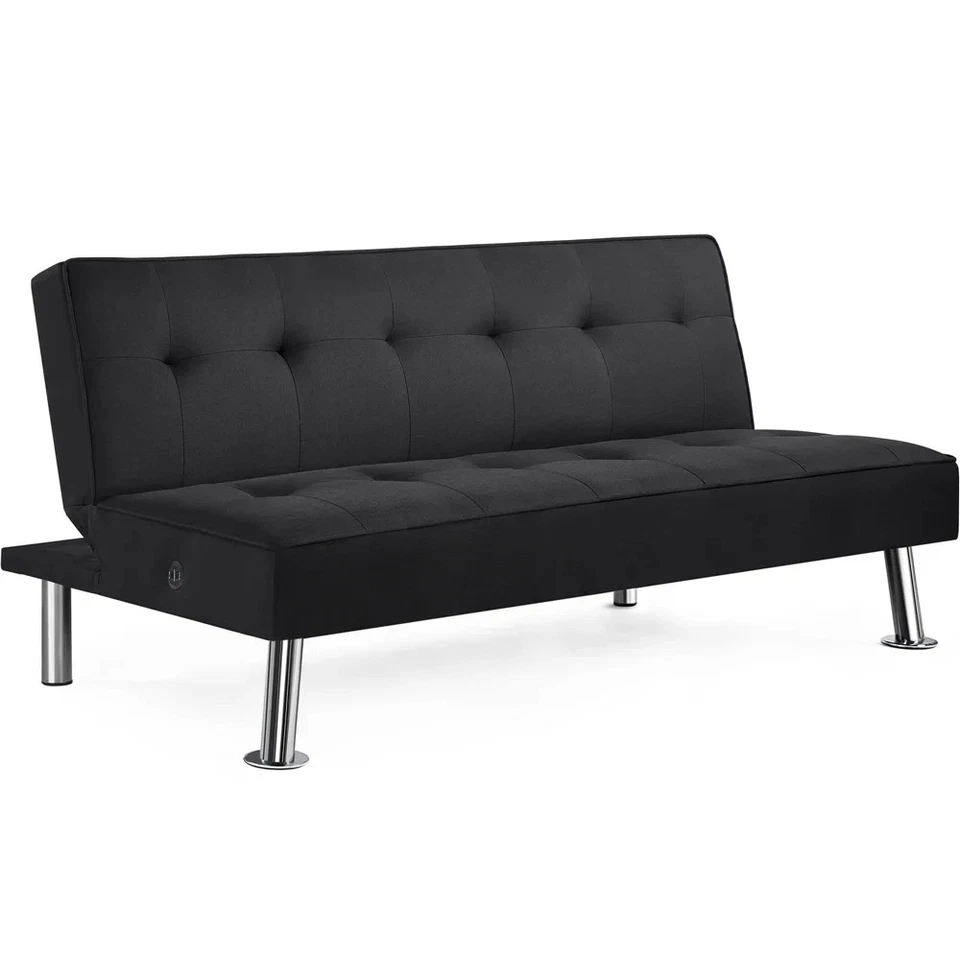 Alden Design 66" Modern Fabric Convertible Futon Sofa Bed with USB, Black - Image 2 of 4