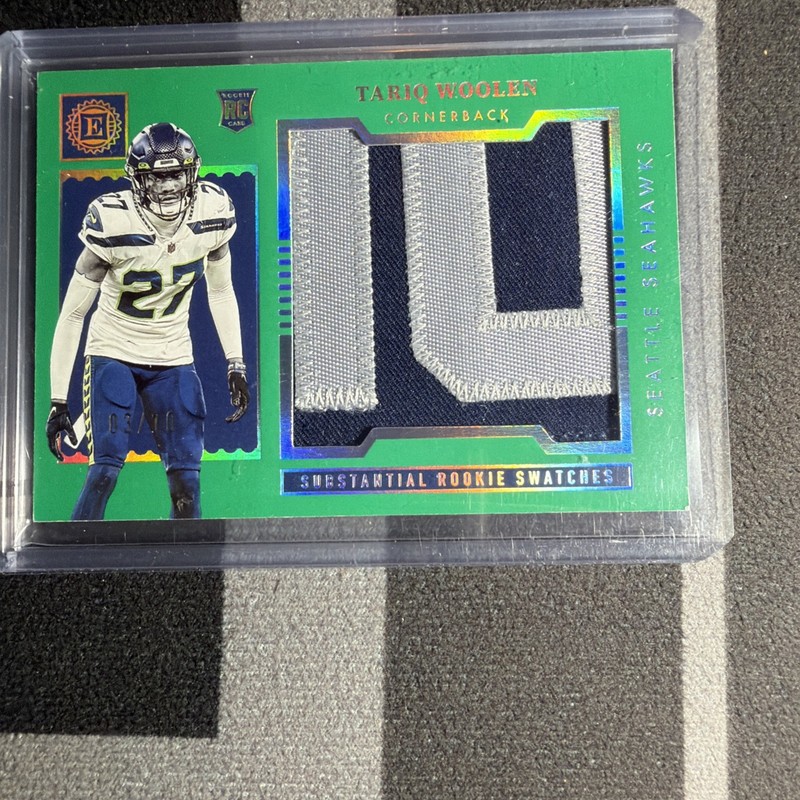 SICK 2022 Panini Encased Substantial Rookie Swatches Green #3/10 Tariq Woolen RC