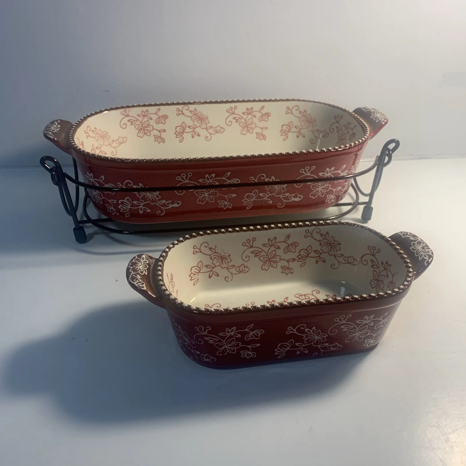 2 Temp-tations Red Ovenware Floral Lace Baking Dish w/ serving Rack .5 & 2 quart