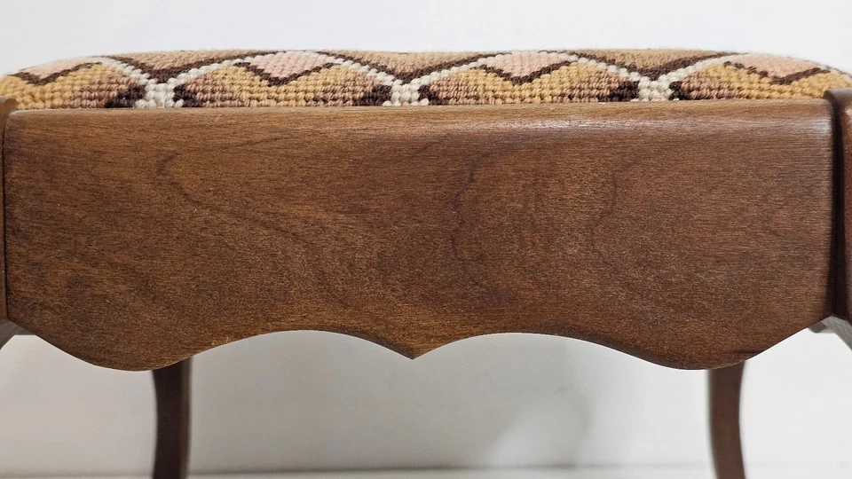 Vintage Footstool Wooden Queen Anne Leg Diamond Tapestry Stool 11" X 11" X 7.5" - Image 4 of 4
