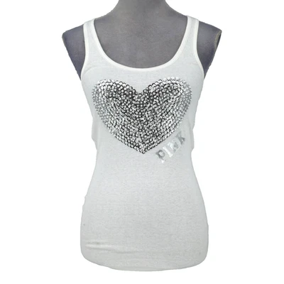 Victorias Secret Pink T-shirt Womens Small White Cotton Tank Rhinestone Heart - Image 1 of 4