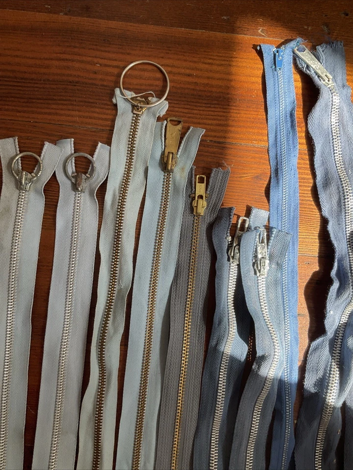 "Lote de 13 cremalleras metálicas de dientes grandes vintage tonos azules extremo cerrado 14""-20""" Foto 2 de 3