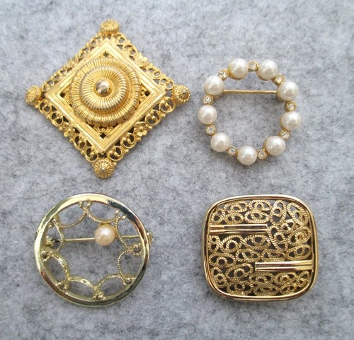 Vintage Costume Mixed Lot Brooches Pins Gold Tone Jewelry 4 Pieces