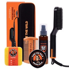 Beard Grooming Kit, Heated Brush, Straightener, Spray, Soap, Balm, Comb, Case