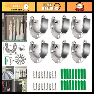 6 Pack Stainless Steel Closet Pole Sockets - Rod End Supports with Screws, U-Sha