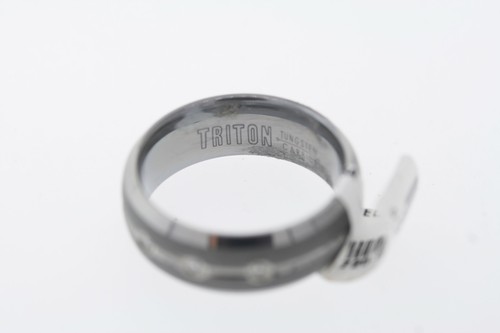 Triton 8mm Tungsten 3 Diamond Satin Grooved Center Polish Beveled Edge Band Ring - Picture 7 of 8