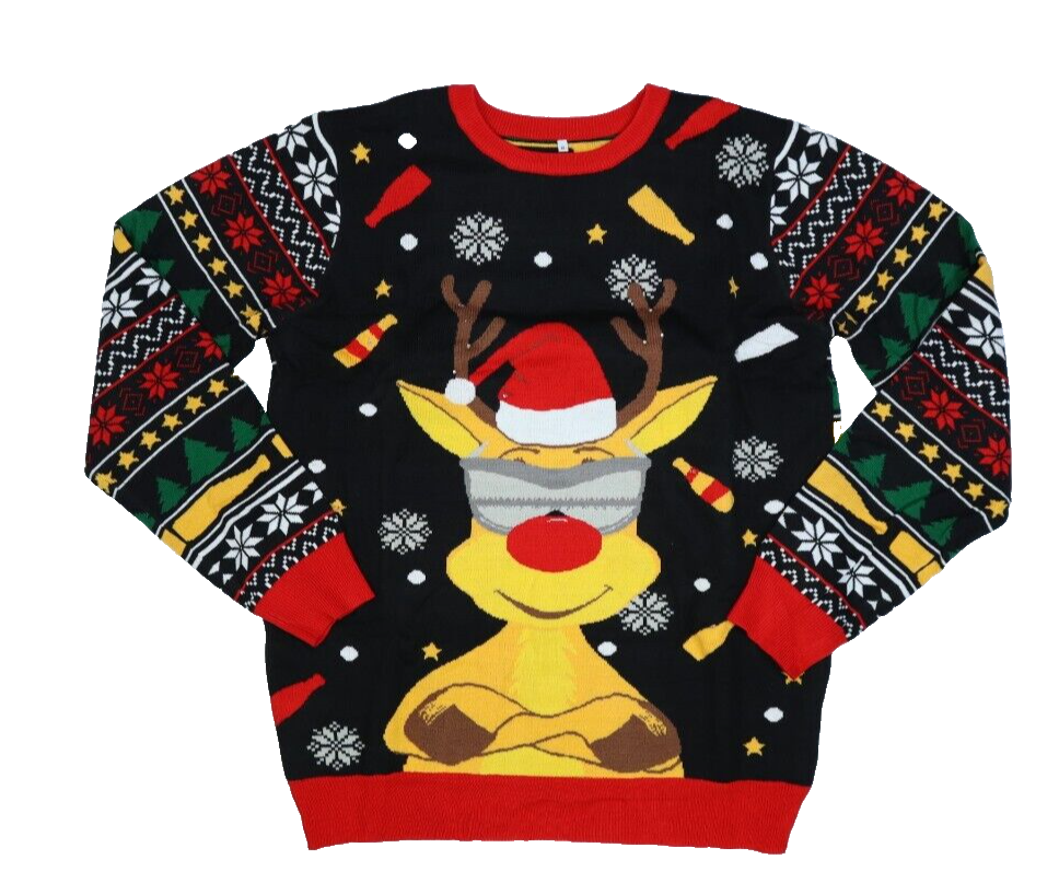 Ugly Christmas Sweater XMAS Light U Cool Reindeer Holiday Print Black Mens  XL