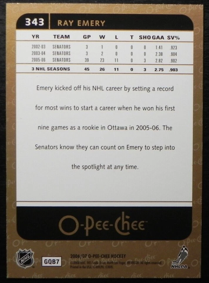 2006-07 06/07 O-Pee-Chee #343 Ray Emery Ottawa Senators - Image 2 of 2