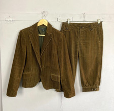 Zara Brown Corduroy Blazer Jacket Crop Trouser Suit Uk10-12 Pedal Pusher Capri